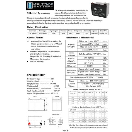 Mighty Max Battery 12V 35AH SLA Replacement Battery for Excel U-1 MAX3949407